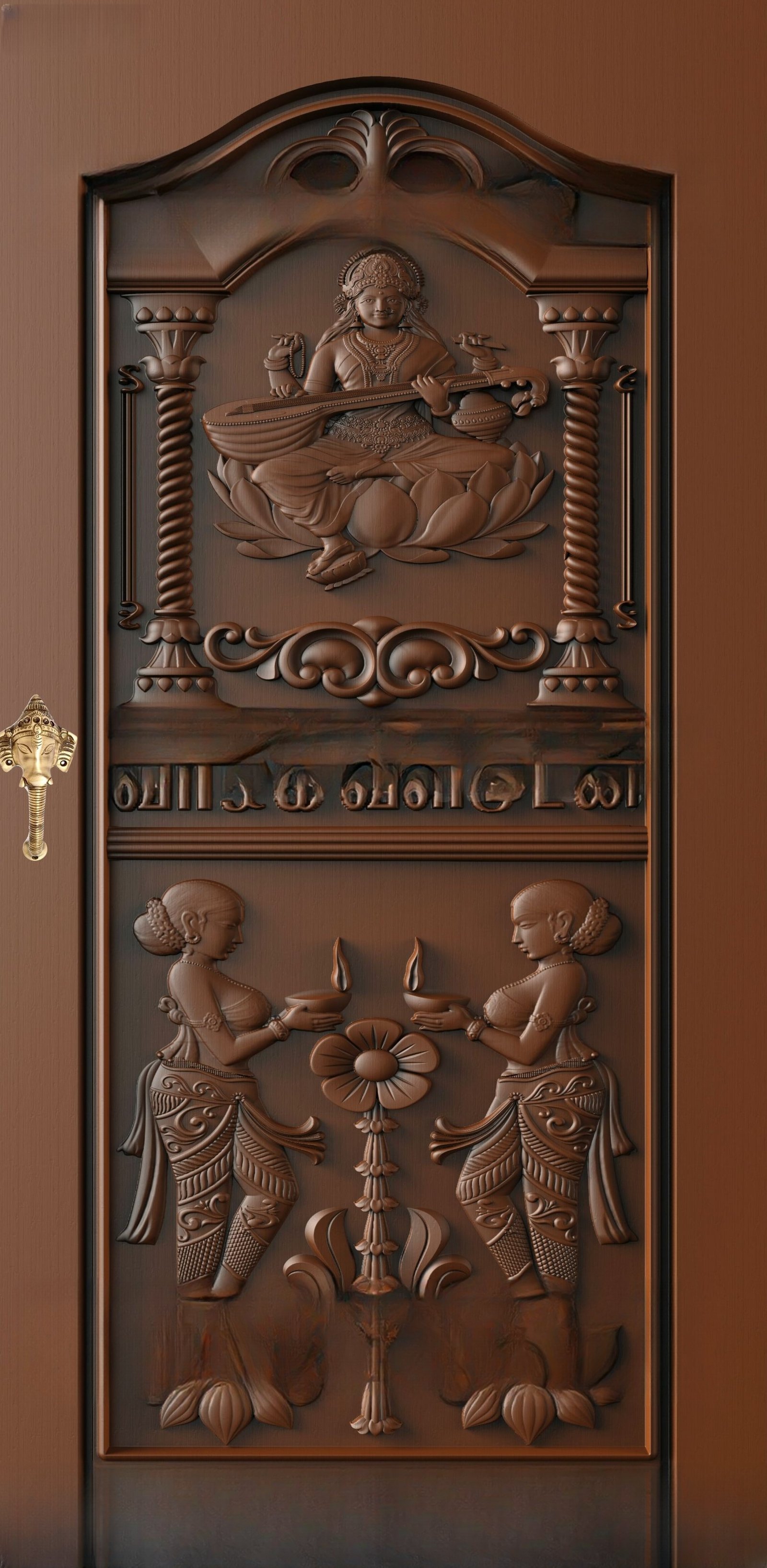 God Doors - GD-48 Goddess Saraswati Divine Carved Wood Door 3D Model
